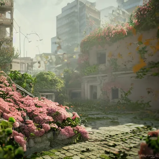 Image similar to A ruined city overgrown by flowers, octane render, 8K, depth of field, By WLOP