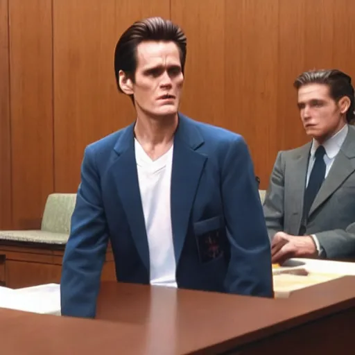 Image similar to cinematic shot of young jim carrey as phoenix wright in court