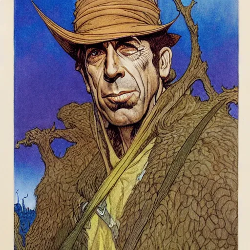 Prompt: a realistic and atmospheric portrait of humphrey bogart as a druidic warrior wizard looking at the camera with an intelligent gaze by rebecca guay, michael kaluta, charles vess and jean moebius giraud