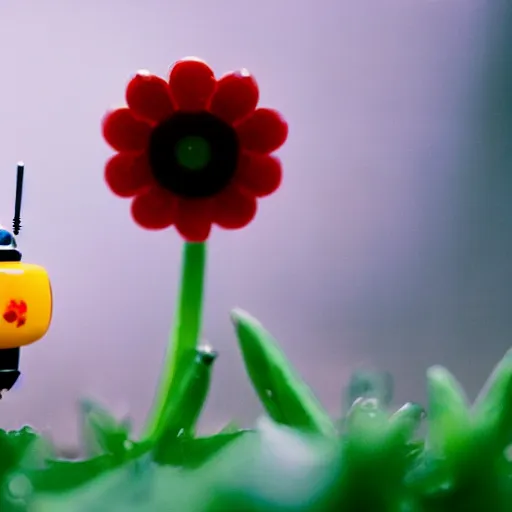 Image similar to a cute tiny robot holds a big flower up in the rain, a ladybug is beside the robot, award winning macro photography, kodachrome, dramatic lighting