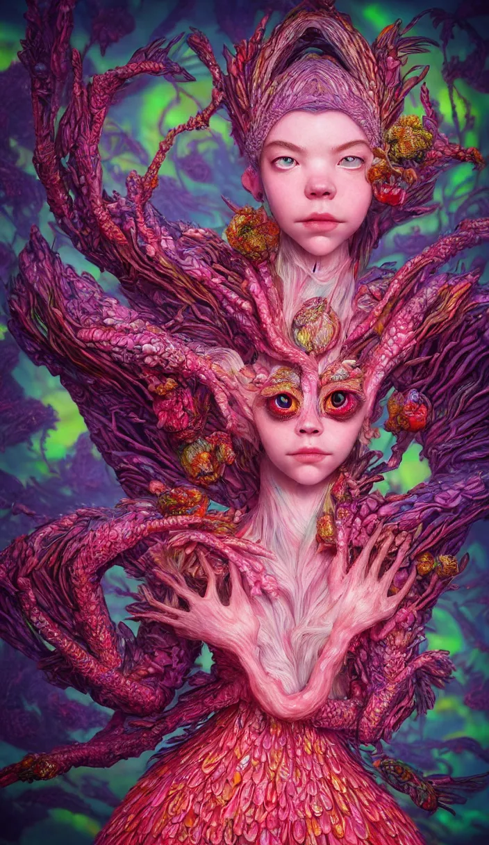 Prompt: hyper detailed 3d render like a Oil painting - kawaii portrait Aurora (a beautiful skeksis queen from dark crystal that looks like Anya Taylor-Joy) seen red carpet photoshoot posing in scaly dress to Eat of the Strangling network of yellowcake aerochrome and milky Fruit and His delicate Hands hold of gossamer polyp blossoms bring iridescent fungal flowers whose spores black the foolish stars by Jacek Yerka, Ilya Kuvshinov, Mariusz Lewandowski, Houdini algorithmic generative render, Abstract brush strokes, Masterpiece, Edward Hopper and James Gilleard, Zdzislaw Beksinski, Mark Ryden, Wolfgang Lettl, hints of Yayoi Kasuma, octane render, 8k