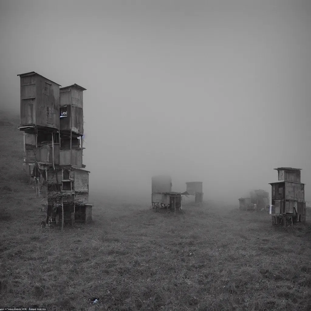 Image similar to two towers, made up of makeshift squatter shacks, uneven dense fog, dystopia, mamiya, fully frontal view, photographed by jeanette hagglund