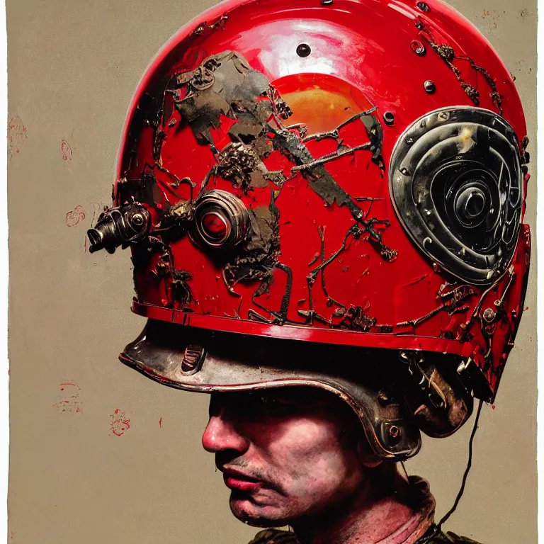 Image similar to portrait of a third reich soldier in ornate motorcycle dirt helmet in a helmet background red plastic bag, circuitboard,, rich deep colors, ultra detail, by francis bacon, james ginn, petra courtright, jenny saville, gerhard richter, zdzisaw beksinsk, takato yamamoto. masterpiece, elegant fashion studio ighting 3 5 mm