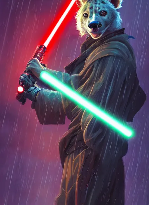 Image similar to beautiful portrait commission of a male furry anthro hyena fursona wearing jedi robes and wielding a red lightsaber in a cyberpunk city at night in the rain. character design by charlie bowater, ross tran, artgerm, and makoto shinkai, detailed, inked, western comic book art