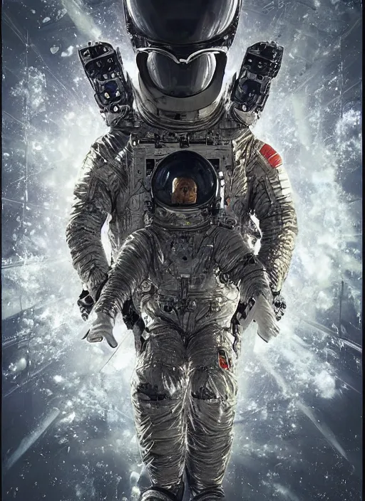 Image similar to astronauts in the dark infinite underwater void - complex and hyperdetailed technical suit. reflection and dispersion materials. contour lighting. rays and dispersion of light. volumetric light. 5 0 mm, f / 3 2. noise film photo. flash photography. ultra realistic, wide angle. poster by wayne barlowe, hajime sorayama aaron horkey, craig mullins