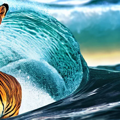 Image similar to a closeup photorealistic photograph of a smiling cute tiger hippopotamus riding a large wave during sunset. surf in the background. professional capture. brightly lit scene. this 4 k hd image is trending on artstation, featured on behance, well - rendered, extra crisp, features intricate detail, epic composition and the style of unreal engine.