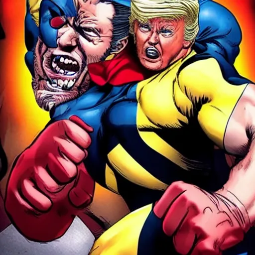 Image similar to wolverine fighting fist fighting a midget donald trump cinematic