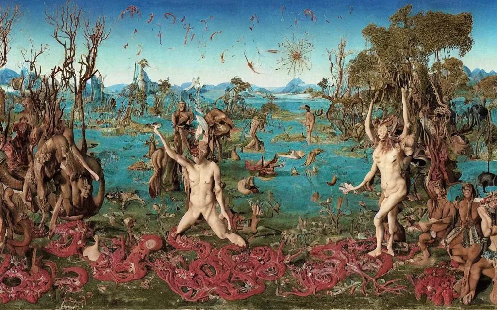 Image similar to a portrait photograph of a meditating centaur shaman and a flayed monk feeding mermaids at a wide river delta. surrounded by bulbous flowers, animals and a few trees. mountain range under a vast blue sky of burning stars. painted by jan van eyck, max ernst, ernst haeckel, ernst fuchs and artgerm, trending on cgsociety