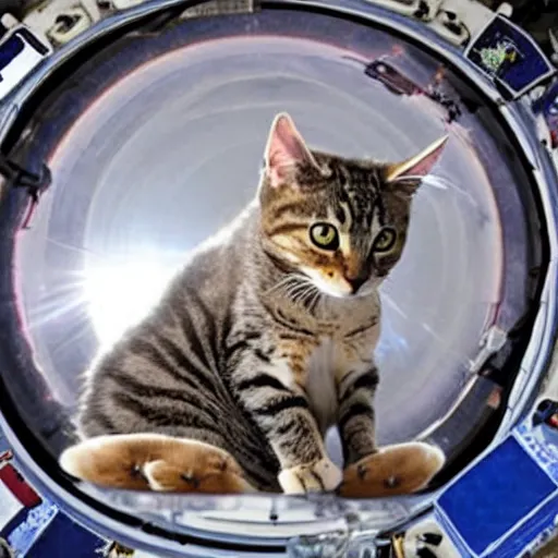 Image similar to Photo of a cat floating inside the ISS, realistic award-winning