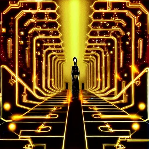 Image similar to the ethereal queen of technology bestows the gift of circuits to humanity. matte painting. fantastic. velvet and gold.