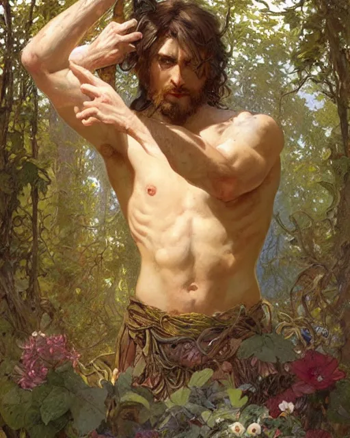 Prompt: god of the forest, 3 0 years old, rugged, male, gorgeous, detailed face, amazing, thighs, flowers, muscular, intricate, highly detailed, digital painting, artstation, concept art, sharp focus, illustration, art by gaston bussiere greg rutkowski alphonse mucha