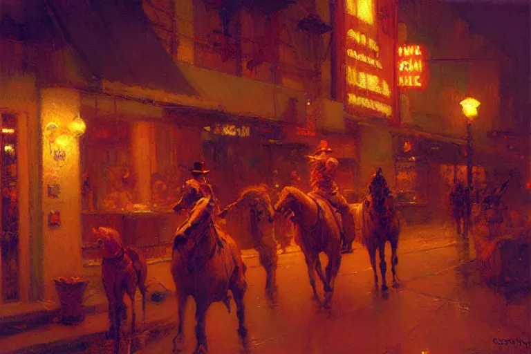 Image similar to western, night, neon light, painting by gaston bussiere, craig mullins, j. c. leyendecker