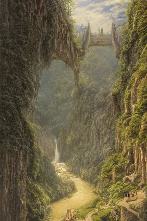 Image similar to beautiful detailed matte painting of Rivendell at the gorge, evening, Alan Lee, Artstation