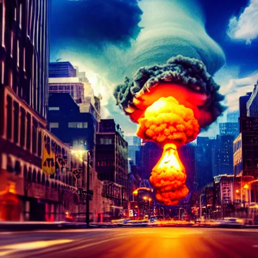 Prompt: beautiful centered action photography shot of extremely detailed hyper realistic nuclear bomb explosion in a city, professional film photography, 8 k, cinematic framing,