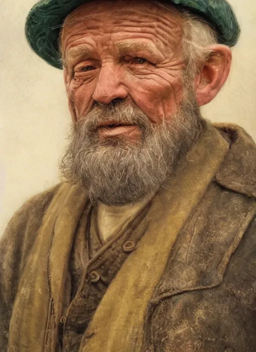 Image similar to realistic renderings of very old fisher man portrait with a hat, port scene background, astonishing scenes, detailed, photorealism