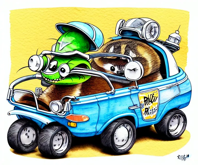 Prompt: cute and funny, racoon wearing a helmet riding in a tiny hot rod with oversized engine, ratfink style by ed roth, centered award winning watercolor pen illustration, isometric illustration by olga shvartsur, edited by range murata, tiny details by artgerm, symmetrically isometrically centered