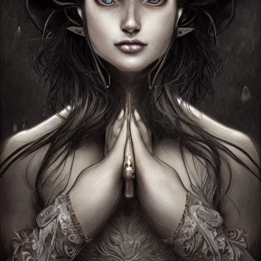 Image similar to a photograpic portrait of a anthropomorphic mouse wearing black clothes, black hair, grey skin, grey mouse ears, fantasy, intricate, elegant, highly detailed, digital painting, artstation, smooth, sharp focus, illustration, art by artgerm and H R Giger and alphonse mucha