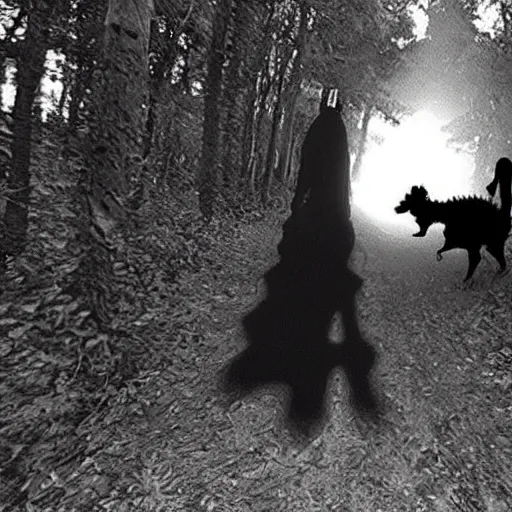 Image similar to giant scary horror creature emerges from the darkest shadows, trail cam footage