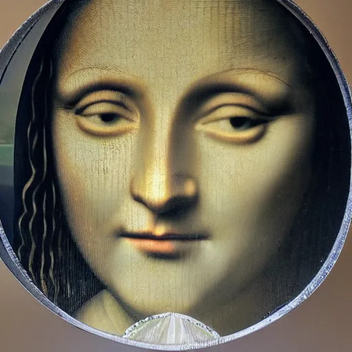 Image similar to portrait of the mona lisa, photography, photorealistic, shot on a wide angle fisheye lens