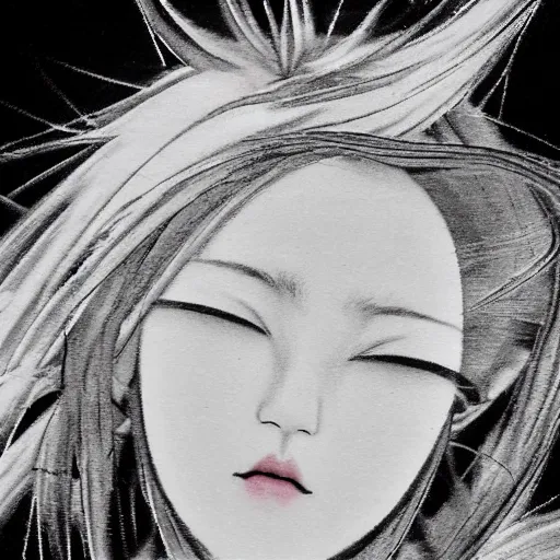 Image similar to Yoshitaka Amano dreamy and blurry portrait of an anime girl with white hair and cracks on her face wearing dress suit with tie fluttering in the wind, abstract black and white patterns on the background, head turned to the side, noisy film grain effect, highly detailed, Renaissance oil painting, weird camera angle