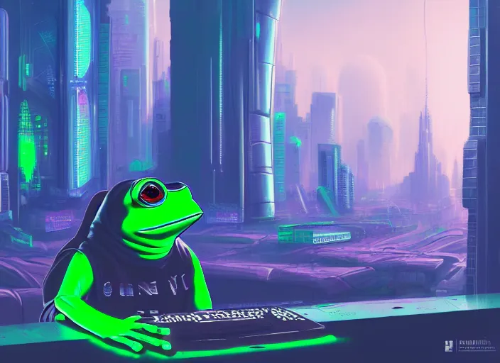 Image similar to cyberpunk pepe the frog, futuristic cityscape, computers, dylan kowalski, marat zakirov, albert ramon puig, trending on artstation, 8 k