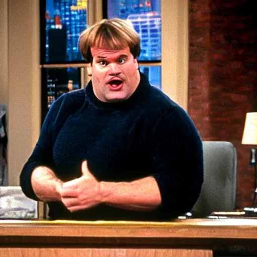 Prompt: NEW YORK CITY, NY JAN 8 2030: Chris Farley reacts to wearing a coat that's too small for him (COMEDY CENTRAL)