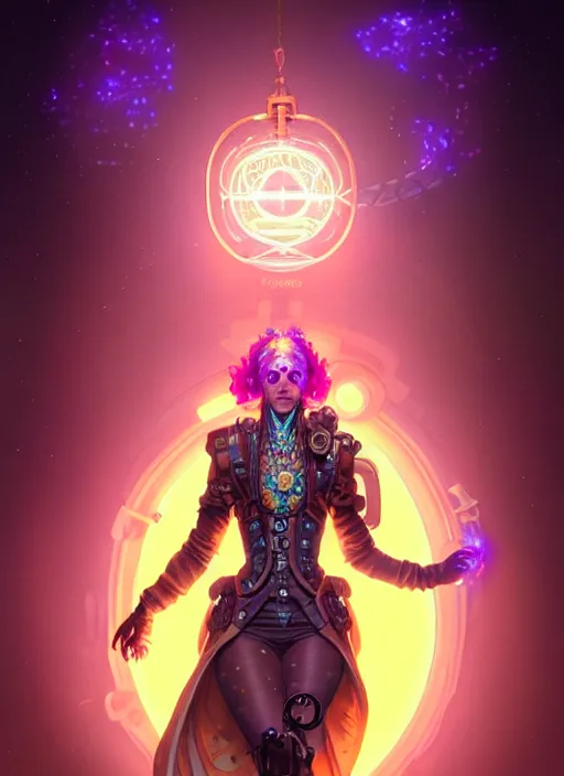 Image similar to a steampunk faceless glowing liquefied stardust adventurer, dnd fantasy character, full body portrait, glowing neon skin, magical aura, ultra realistic, intricate, elegant, highly detailed, digital painting, artstation, smooth, sharp, focus, illustration, art by artgerm and greg rutkowski and alphonse mucha and dan mumford, sacred geometry