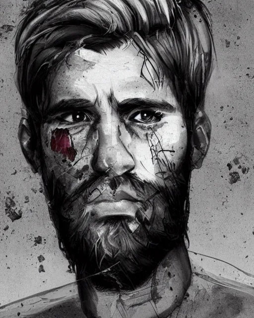 Image similar to portrait of muscular, tired and alcoholic 3 0 - year - old grieving man with short darkblonde hair, serious sad look in his eyes, looking down, dirty beard, blue eyes, crying tears, wearing dirty soldier uniform, on the desert, sad atmosphere, hyper realistic face, character art, art by artgerm, cryengine, trending on artstation, digital art
