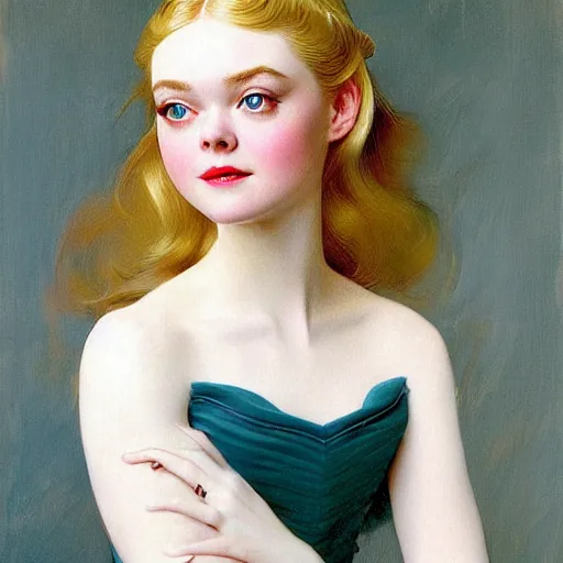 Image similar to Painting of Elle Fanning as a princess, long blonde hair, delicate, pale milky white porcelain skin, by Leyendecker and Norman Rockwell