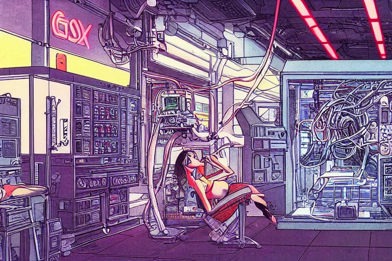 Prompt: closeup of sexy girl working in a robot repair shop, a broken android is laying on the ground, computer screens, dark cables hanging from ceiling , sci-fi vending machine, illustration by moebius, ghibli style, dynamic lighting, glowing lights, neons, science fiction