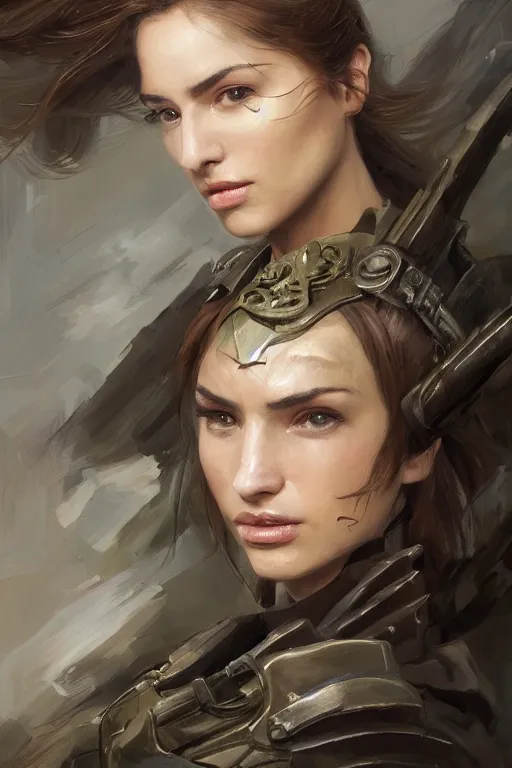 Image similar to a professionally painted portrait of an attractive young woman, clothed in military armor, olive skin, long dark hair, beautiful bone structure, symmetrical facial features, intricate, elegant, digital painting, trending on Artstation, concept art, smooth, sharp focus, illustration, from Metal Gear by Ruan Jia and Mandy Jurgens and Artgerm and William-Adolphe Bouguerea, award winning