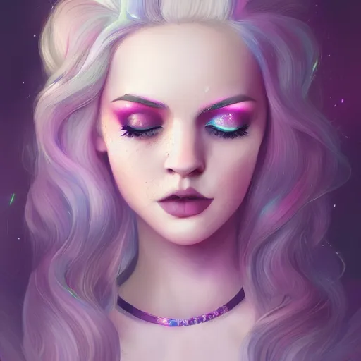 Image similar to portrait of a woman inspired by lois van baarle, charlie bowater, anna dittmann, illustration, iridescent, iridescent hair, face, hair styles, goth makeup, glitter, self confidence, cinematic 8 k