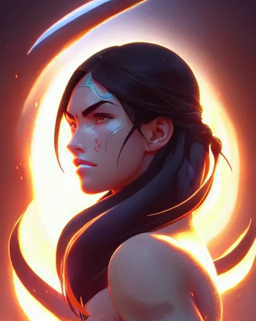 Image similar to azctec warrior, megan fox, detailed perfect face, exquisite details, fire magic, mid view, design on a white background, by studio muti, greg rutkowski makoto shinkai takashi takeuchi studio ghibli