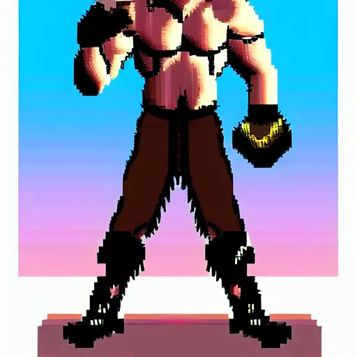 Prompt: full body portrait. 8 bit nes graphics. antropomorphic muscular masculine wolf. kickboxer fighter, in shorts. wolf head. furr on body. side view. postapocalyptic night city on background