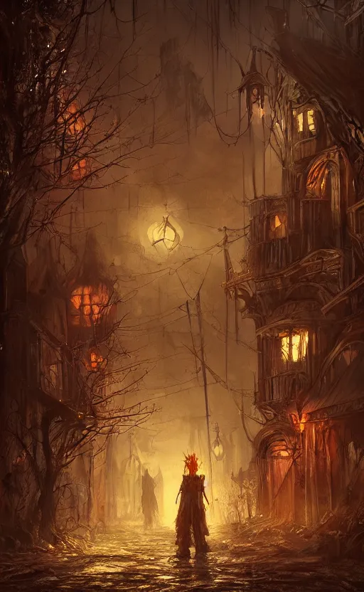 Image similar to dark fantasy concept art of a neighbor hood view at night of a Halloween decorated street, dynamic lighting, photorealistic, cinematic, ultra detailed, trending on art station, creepy, lonely vibe, stunning visuals, extreme detail, eery vibe