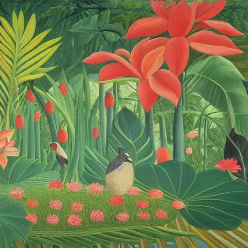 Image similar to hd photo of a fresco in naive art style by henri rousseau with birds and flowers and lotuses, highly detailed, unreal engine, photorealism