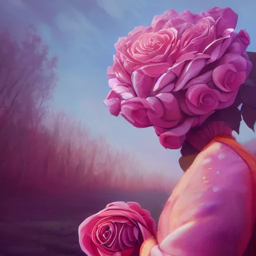 Image similar to closeup, huge rose flower face, frontal, girl in suit, surreal photography, sunrise, dramatic light, impressionist painting, digital painting, artstation, simon stalenhag