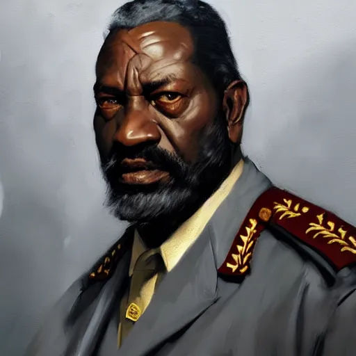 Image similar to Greg Manchess portrait painting of a large 60 year old African military general character, grey beard, medium shot, athletic, asymmetrical, profile picture, Organic Painting, dramatic light, matte painting, bold shapes, hard edges, street art, trending on artstation, by Huang Guangjian and Gil Elvgren and Sachin Teng