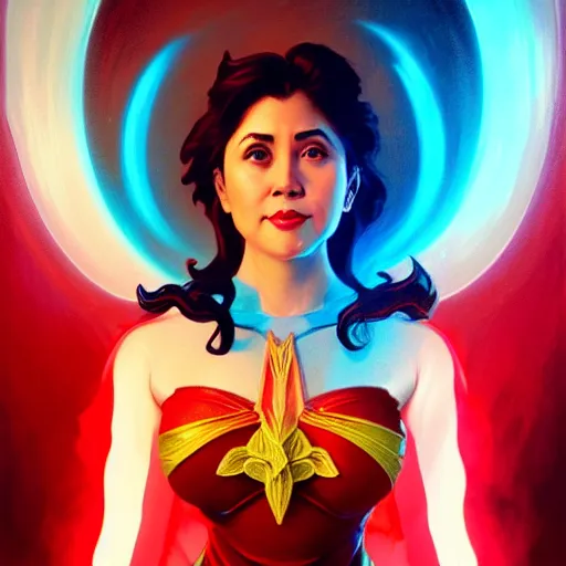 Image similar to leni robredo as darna, volumetric lights, red and cyan theme, art nouveau botanicals, intricate, highly detailed, digital painting, artstation, concept art, smooth, sharp focus, cinematic, illustration, beautiful face, art by artgerm and greg rutkowski and alphonse mucha