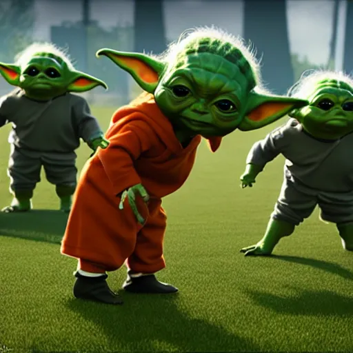 Prompt: baby yoda coaches a soccer team of oompa loompas, lucasfilm, realistic render, trending on artstation, octane render, unreal engine