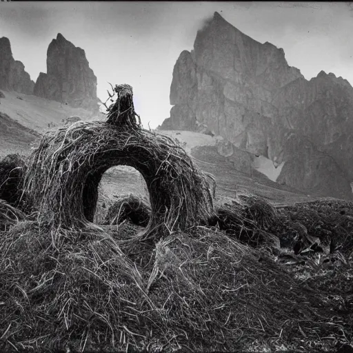 Prompt: 1940s photography of eerie landscape in the dolomites, farmer transformed into root and hay monster