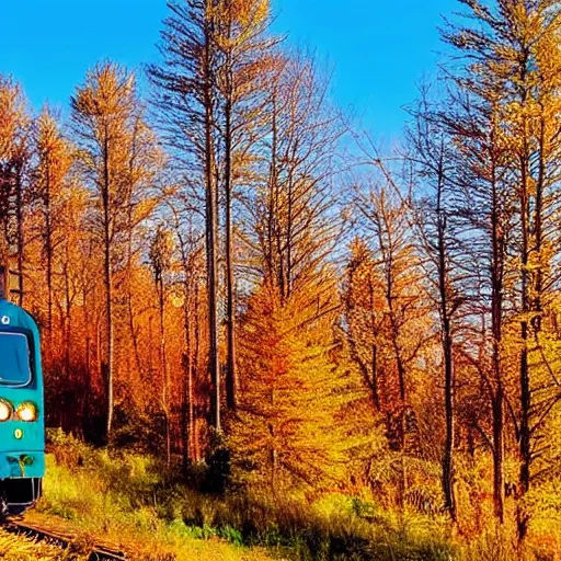 Prompt: train, touring Quebec, trees, scenery, artistic, hyper realistic, golden hour lighting