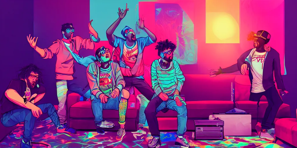 Image similar to friends rapping together in living room, party, epic pose, digital art, vaporwave, psychedelic, surreal, hip hop, trending on Artstation, professional artist, detailed, 4k