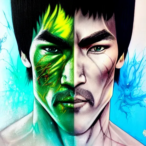 Image similar to a demon slayer portrait of bruce lee, tall, pale - skinned, and slender with lime green eyes and long eyelashes by stanley artgerm, tom bagshaw, arthur adams, carne griffiths, trending on deviant art, street art, face enhance, chillwave, maximalist, full of color, glittering