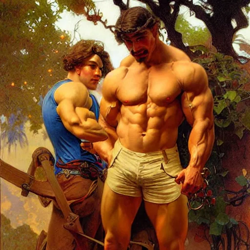 Prompt: attractive muscular mike and muscular attractive ty, drinking their hearts out, boys night out. highly detailed painting by gaston bussiere, craig mullins, j. c. leyendecker, alphonse mucha 8 k