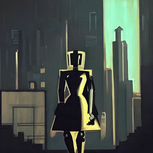 Prompt: “femme 1950s robot, facing a futuristic city, art deco, on canvas, dramatic lighting, clean dark lines, glowing highlights”