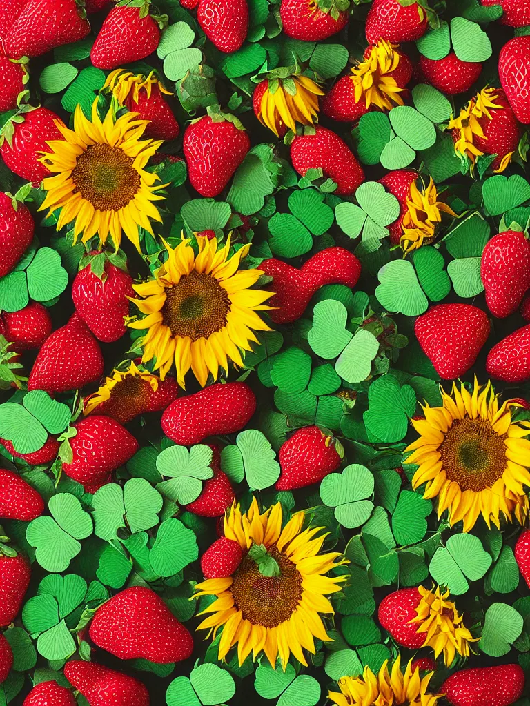 Prompt: photo of beautiful decorative ornament fibonacci rhythms, sunflowers, strawberries, four leaf clover, highly detailed, rendered in octane, vibrant colors, 3 5 mm