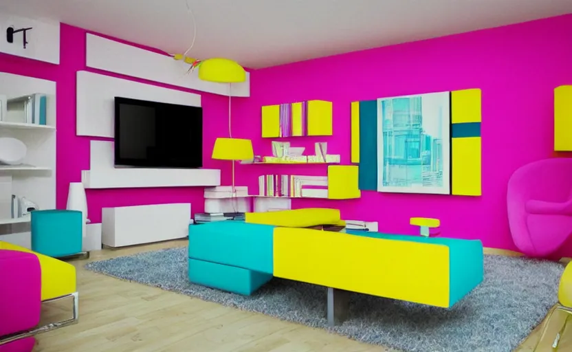 Prompt: New Wave living room interior, 1980s design, couch, retro futuristic, magenta, yellow, cyan, black and white patterns, modernist, bright, large windows