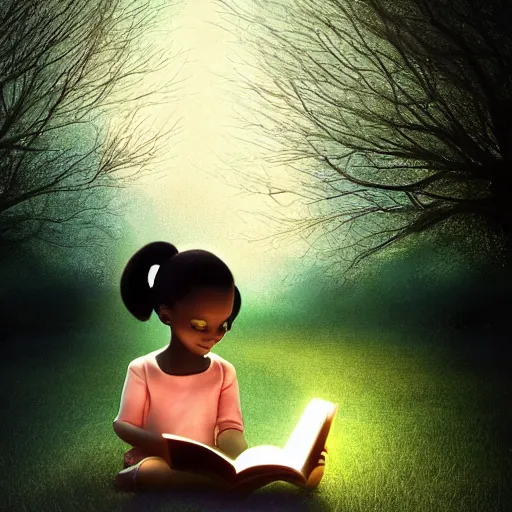 Image similar to stunning, coherent, impressive, detailed still of black little girl, reading a book, underneath a tree, follow shot, 3d, in the style of pixar, comic book style, 3d, highly detailed, sharp focus, bokeh, depth of field, 16k resolution, Unreal Engine 5, coherent, cinematic lighting, photorealistic, by Zhang Jingna