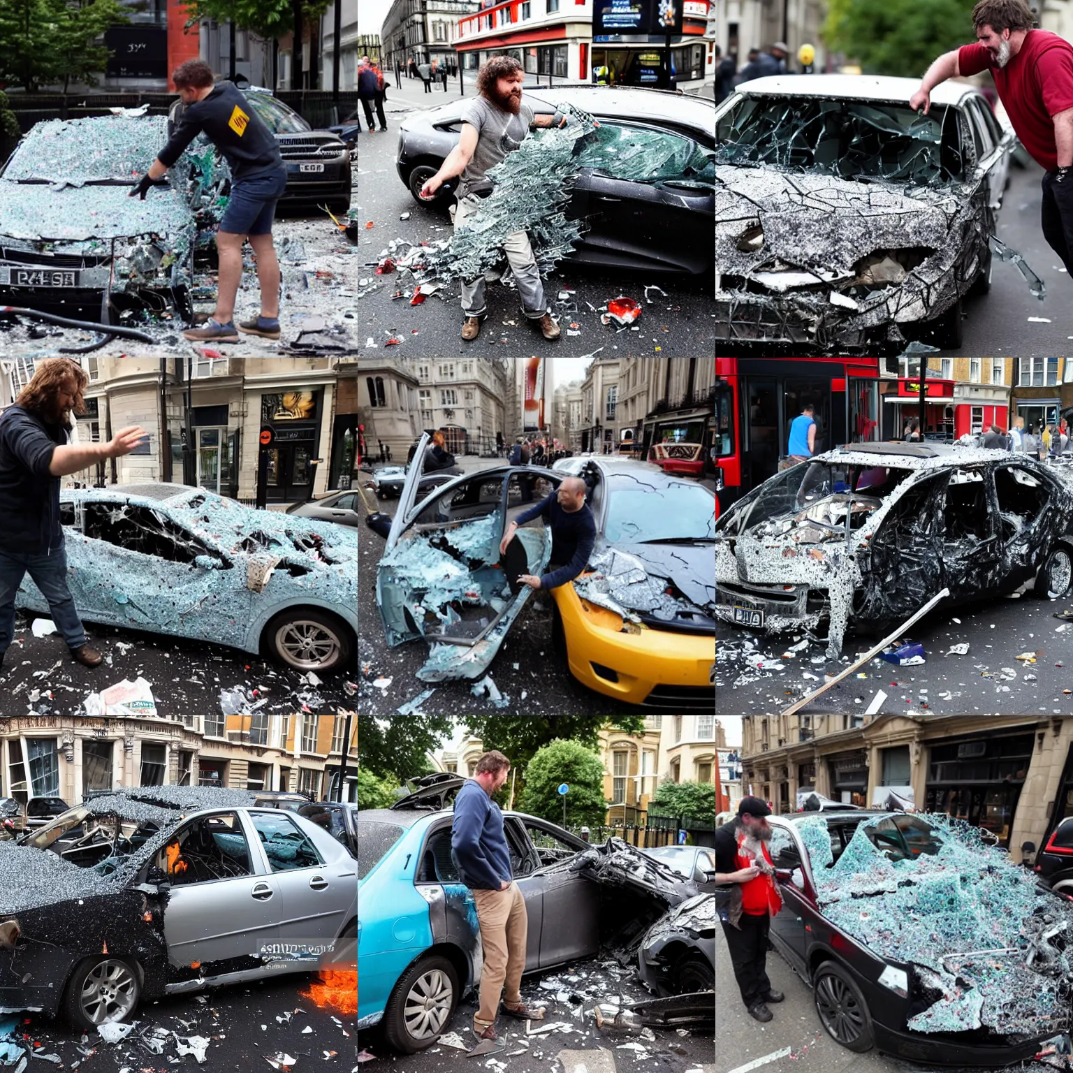 Prompt: Caveman destroying London shattered glass dented car